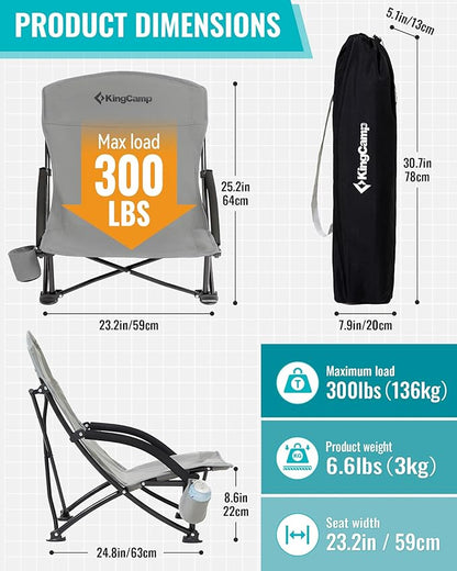 KingCamp Low Beach Chairs, Portable Folding Chair for Adults Extra Wide Ergonomic High Back Seat