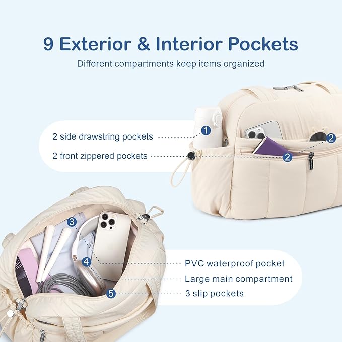 TOPDesign Travel Duffel Bag for Women, Puffer Gym Bag Sports Tote with Wet Pocket, Carry On