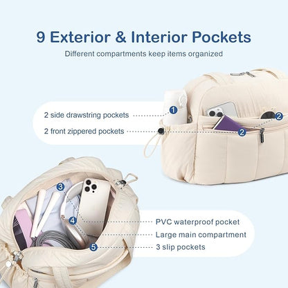 TOPDesign Travel Duffel Bag for Women, Puffer Gym Bag Sports Tote with Wet Pocket, Carry On