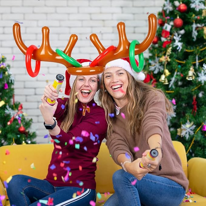 4 Pack Inflatable Reindeer Antler Ring Toss Game (4 Antlers 16 Rings) Reindeer Antler Hat Ring Toss