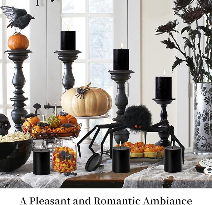 KONNI Black Pillar Candles Set of 3, 3"x 3" Unscented Pillar Candles Bulk, 30 Hours Long Burning