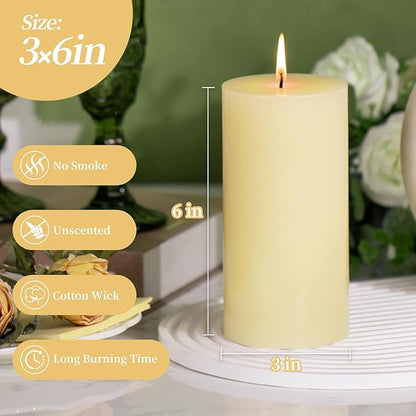 KONNI Ivory Pillar Candles Set of 3, 3"x 6" Unscented Pillar Candles Bulk, 56 Hours Long Burning