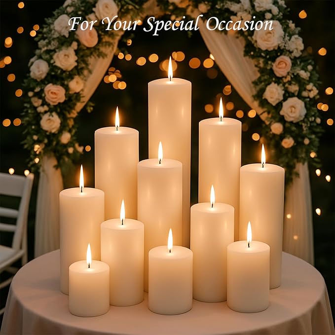 White Pillar Candles Set, 12 Packs, 2.8 in x 4, 6, 8 Inch Assorted Size Unscented Pillar Candles