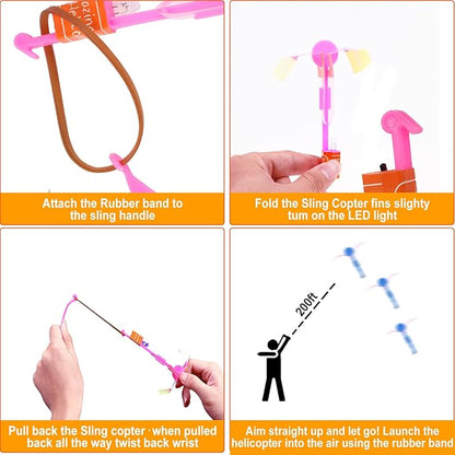25 Sets LED Flying Set, 25 Slingshot+25 Glow Helicopter-50 Pcs, Flying Toy Outdoor Toys Glow in The