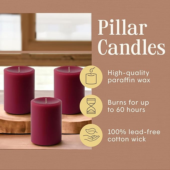 Mister Candle Dripless Unscented Pillar Candles, Set of 3 Hand Poured Solid Color Non-Scented