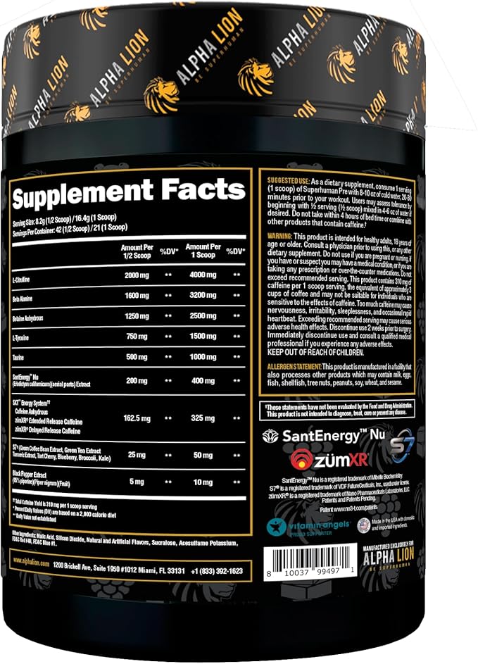 ALPHA LION Superhuman Pre Workout Powder, Beta Alanine, L-Taurine & Tri-Source Caffeine for