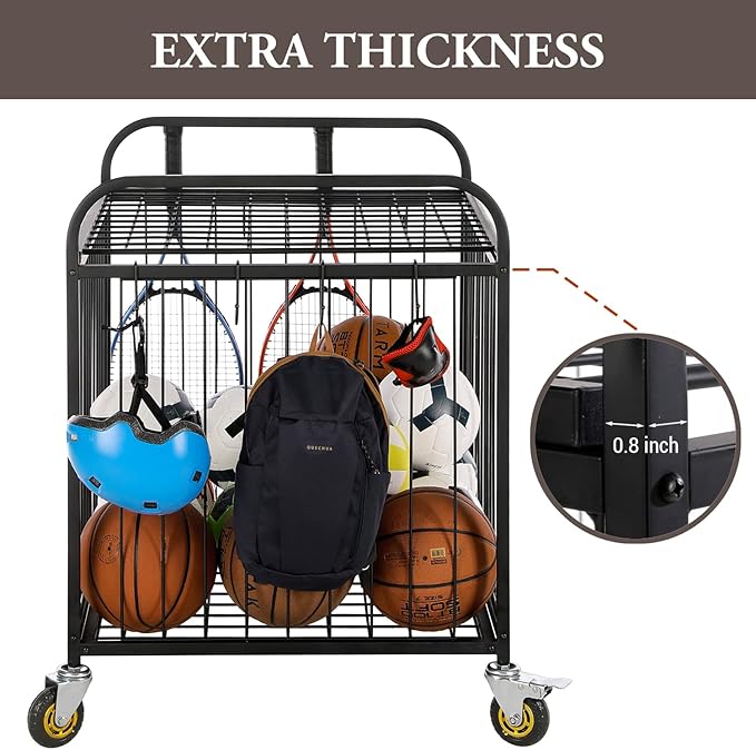 MyGift Large Capacity Metal Rolling Multi Sports Ball Cage Storage Hopper, Gym Equipment Basket