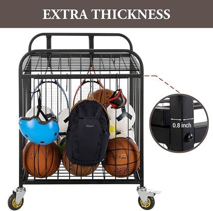 MyGift Large Capacity Metal Rolling Multi Sports Ball Cage Storage Hopper, Gym Equipment Basket