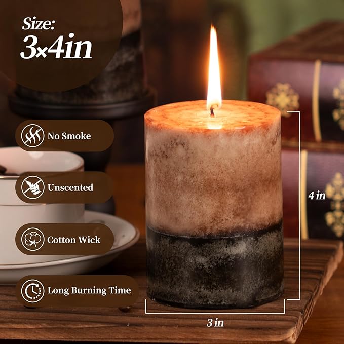 KONNI Coffee Layered Pillar Candles Set of 3, 3"x 4" Unscented Pillar Candles Bulk, 39 Hours Long