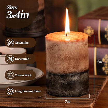 KONNI Coffee Layered Pillar Candles Set of 3, 3"x 4" Unscented Pillar Candles Bulk, 39 Hours Long