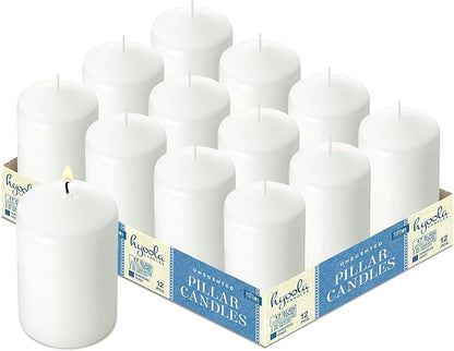 HYOOLA White Pillar Candles 2x3 Inch - 12 Pack Unscented Bulk Pillar Candles - European Made