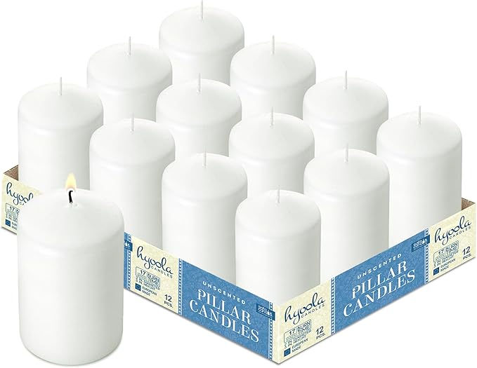 HYOOLA White Pillar Candles 2x4 Inch - 12 Pack Unscented Bulk Pillar Candles - European Made