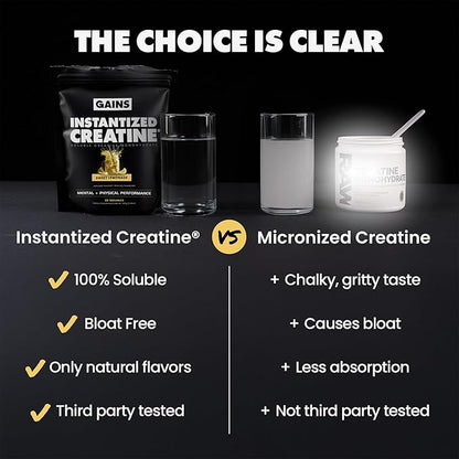 Gains in Bulk Instantized Creatine Monohydrate for Women and Men, Soluble Pre Workout Powder