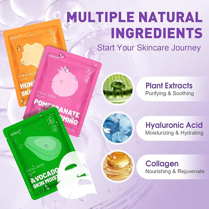 24 Pack Sheet Hydrating Face Masks Skincare, Soothing & Moisturizing Face Mask for All Skin Types