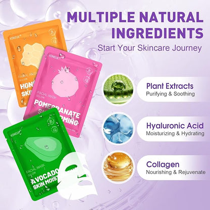 24 Pack Sheet Hydrating Face Masks Skincare, Soothing & Moisturizing Face Mask for All Skin Types