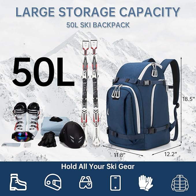 Ski Boot Bag, 50L Ski Boot Travel Backpack for Skis, Snowboard & Accessories, Waterproof Padded Ski