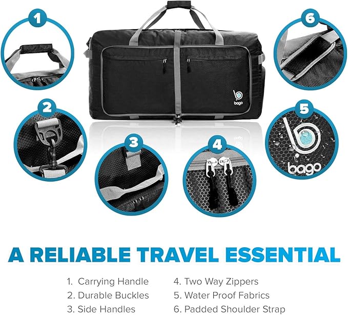 Bago Large Foldable Duffel Bags for Traveling Women & Men - 100L Packable Duffle Bag for Travel