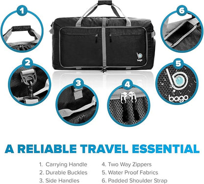 Bago Large Foldable Duffel Bags for Traveling Women & Men - 100L Packable Duffle Bag for Travel
