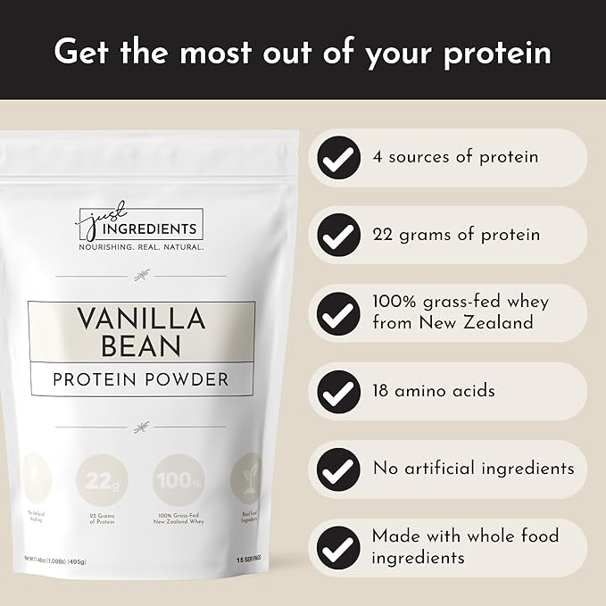 JUST INGREDIENTS Protein Powder | Vanilla Protein Powder Made with 100% Grass Fed, Non Denatured