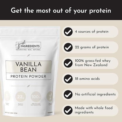 JUST INGREDIENTS Protein Powder | Vanilla Protein Powder Made with 100% Grass Fed, Non Denatured