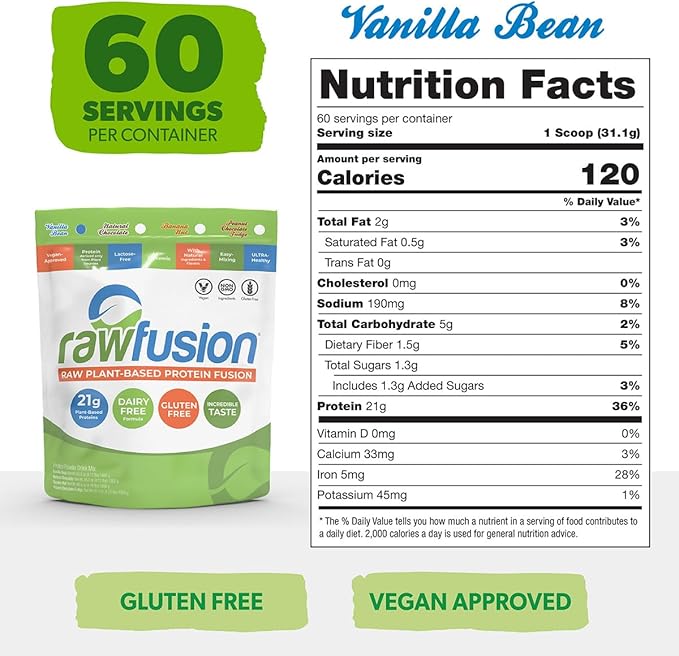 Rawfusion- Vegan Protein Powder, Vanilla Bean - 60 Servings 21g of Plant Based Protein, Low Net