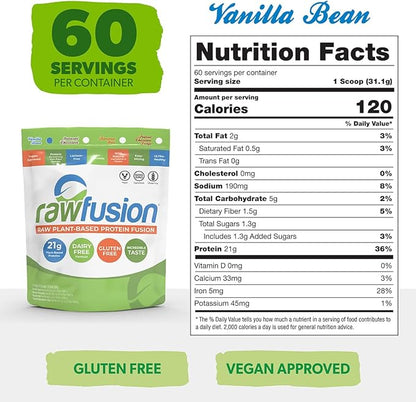 Rawfusion- Vegan Protein Powder, Vanilla Bean - 60 Servings 21g of Plant Based Protein, Low Net