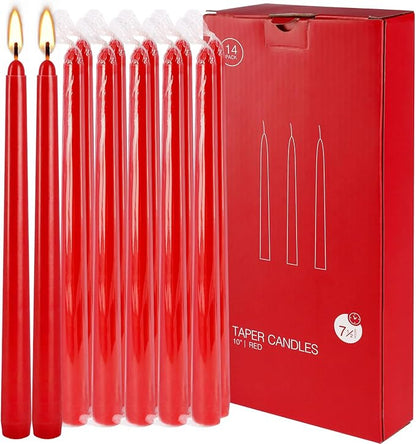 24 Pack Red Taper Candles, 7-8 Hours Burn Time, Unscented, Smokeless and Dripless, 0.75 x 10 Inch