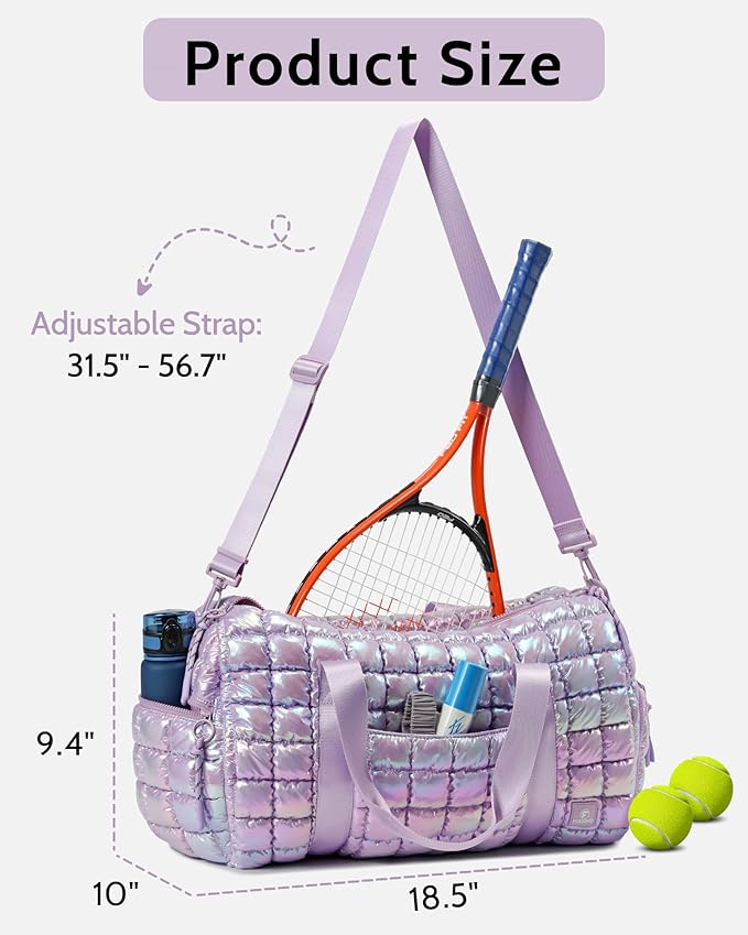 Quilted Duffel Bag for Women, Puffer Gym Duffle Bag with Shoe Compartment Lightweight Large