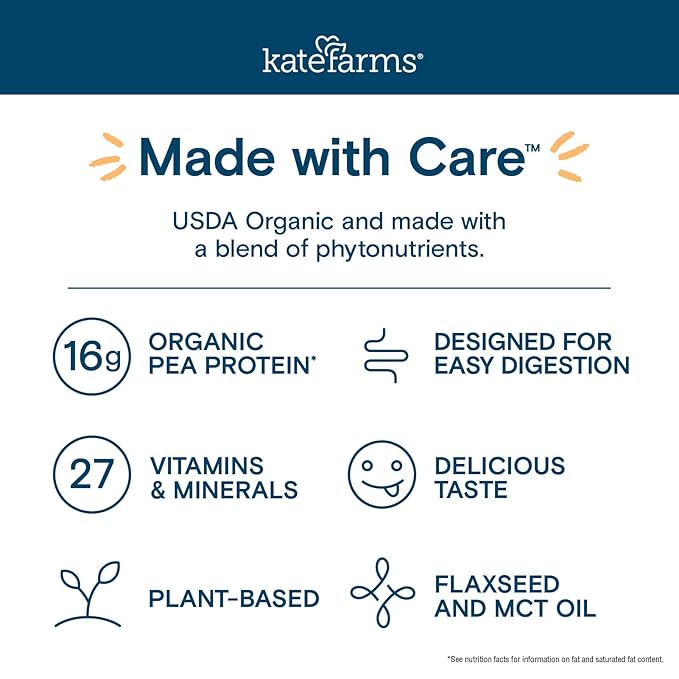 KATE FARMS Organic Nutrition Shake, Vanilla, 16g Protein, 27 Vitamins and Minerals, Protein Meal