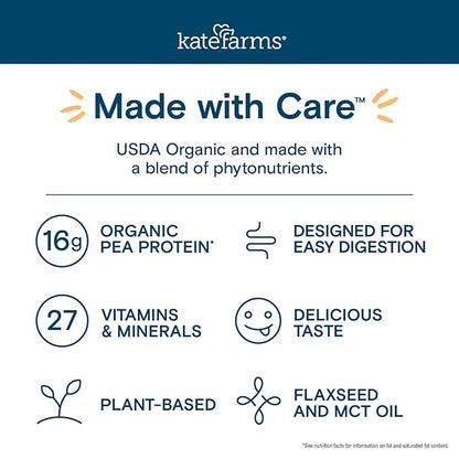 Kate Farms Organic Nutrition Shake, Vanilla, 16g Protein, 27 Vitamins and Minerals, Meal