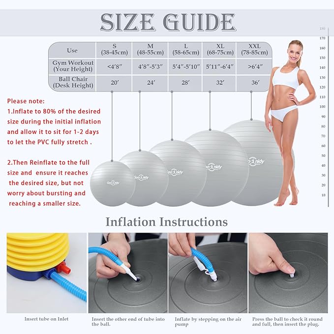 Soft Exercise ball, Anti-Burst Yoga Ball Chair Supports 2200lbs, Workout Equipment w/ Pump for