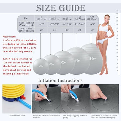 Soft Exercise ball, Anti-Burst Yoga Ball Chair Supports 2200lbs, Workout Equipment w/ Pump for