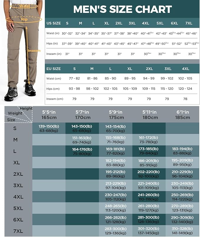 Wespornow Men's-Convertible-Hiking-Pants Quick Dry Lightweight Zip Off Breathable Cargo Pants for