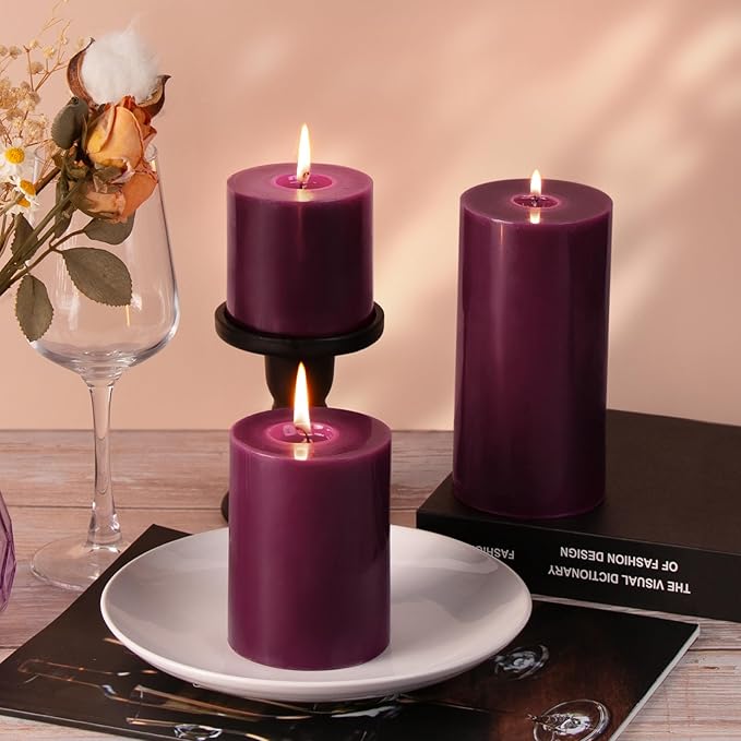 KONNI Purple Pillar Candles Set of 3, 3"x 3" Unscented Pillar Candles Bulk, 30 Hours Long Burning