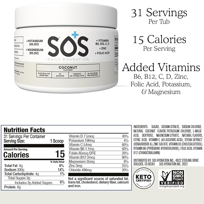 SOS Hydration Coconut Electrolyte Drink Mix (31 Servings) – Low Sugar, 15 Calorie, Keto-Friendly &