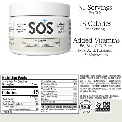SOS Hydration Coconut Electrolyte Drink Mix (31 Servings) – Low Sugar, 15 Calorie, Keto-Friendly &