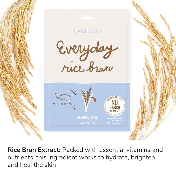 FACETORY K Beauty Face Mask Skin Care - Everyday RICE BRAN Soothing Sheet Mask | Plant-Based Rice