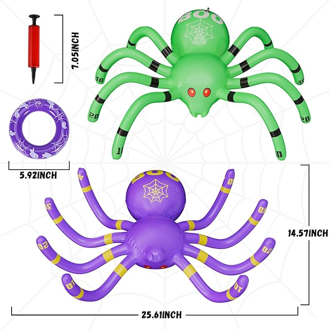 Halloween Spider Ring Toss Game, 2 Pack Inflatable Green and Purple Spiders with Rings and Pump