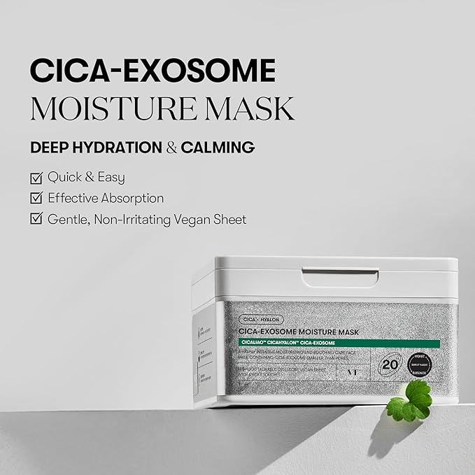 VT COSMETICS Cica-Exosome Moisture Mask 20 Sheets, Centella Asiatica & Hyaluronic Acid with