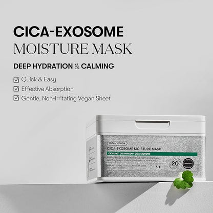 VT COSMETICS Cica-Exosome Moisture Mask 20 Sheets, Centella Asiatica & Hyaluronic Acid with
