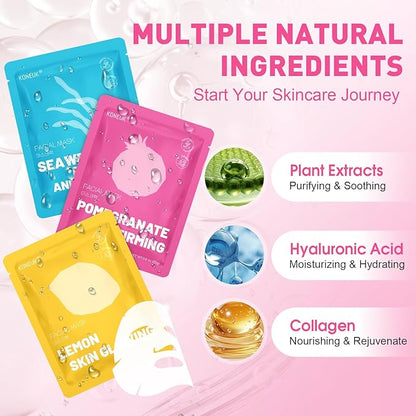 12 Pack Collagen Hydrating Face Masks Skincare, Sheet Face Mask for All Skin Types, Facial Masks