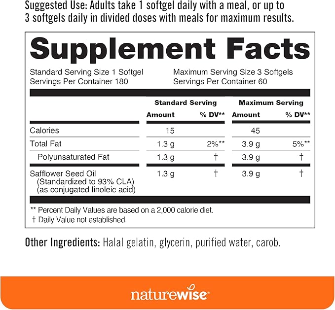 NatureWise CLA 1300 - 95% Active Conjugated Linoleic Acid for Women and Men, Not Stimulating