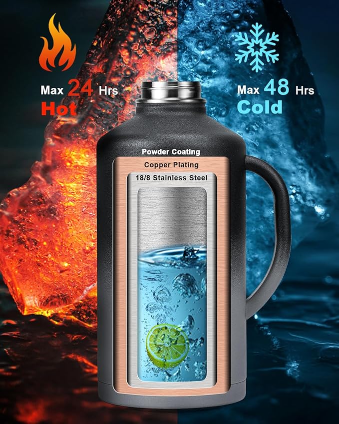 128 oz Insulated Water Bottle with Straw and Lid, One Gallon Stainless Steel Cup with