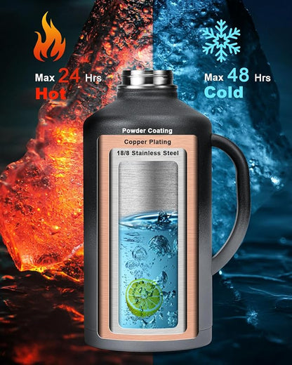 128 oz Insulated Water Bottle with Straw and Lid, One Gallon Stainless Steel Cup with
