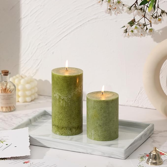 3x4 inch Green Pillar Candles Set of 3, Unscented Pillar Candle, Dripless and Smokeless Large