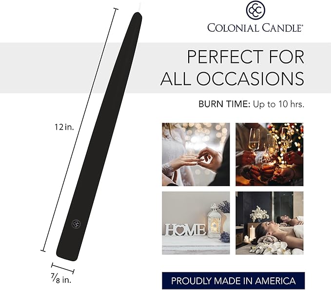 Colonial Candle Unscented Taper Candle, Handipt Collection, Black, 12 in, Pack of 12 - Up to 10