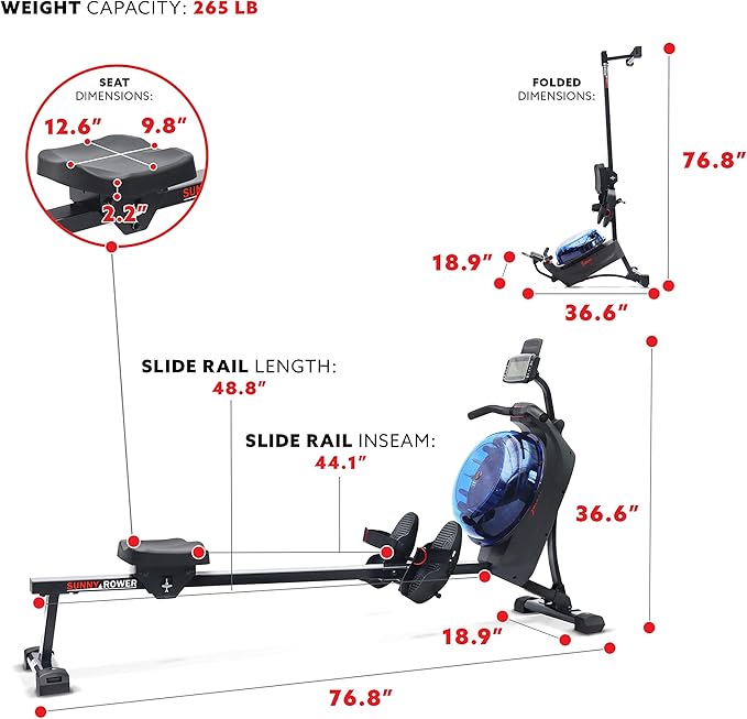 Sunny Health & Fitness Elite Water Rowing Machine with High Dynamic Resistance Vertical Tank