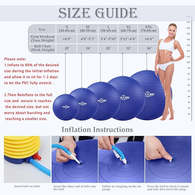 Soft Exercise ball, Anti-Burst Yoga Ball Chair Supports 2200lbs, Workout Equipment w/ Pump for