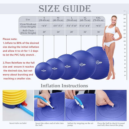 Soft Exercise ball, Anti-Burst Yoga Ball Chair Supports 2200lbs, Workout Equipment w/ Pump for