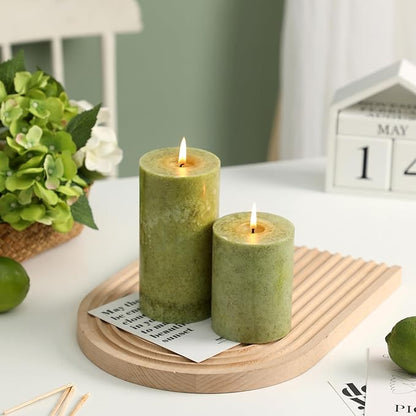 3x6 inch Green Pillar Candles Set of 3, Unscented Pillar Candle, Dripless and Smokeless Large